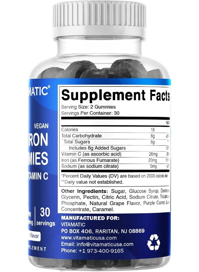 Vitamatic Iron Gummies Supplement for Women & Men - 20mg Serving - 60 Vegan Gummies - Great Tasting Iron Gummy Vitamins with Vitamin C - Image 2