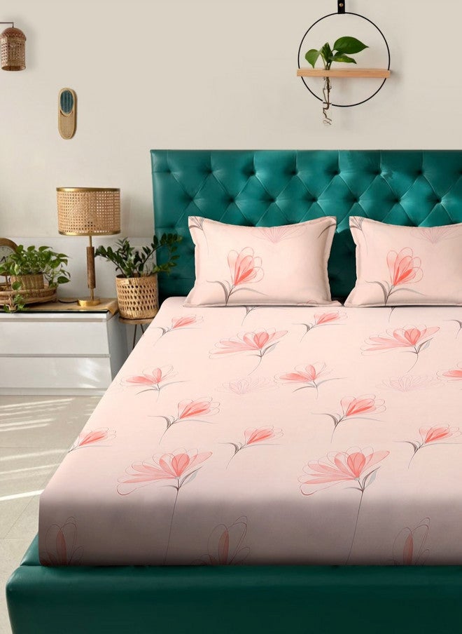 Arrabi Peach Floral Polycotton 300 TC Fitted King Fine Bedsheet with 2 Pillow Covers - Image 1