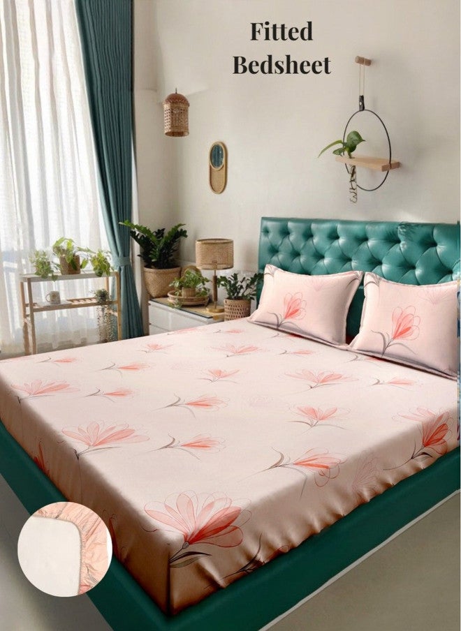 Arrabi Peach Floral Polycotton 300 TC Fitted King Fine Bedsheet with 2 Pillow Covers - Image 2
