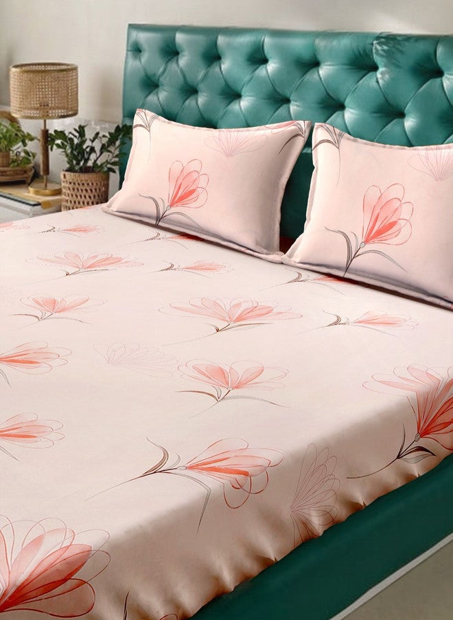 Arrabi Peach Floral Polycotton 300 TC Fitted King Fine Bedsheet with 2 Pillow Covers - Image 3