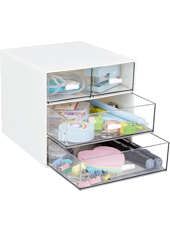 إيروريكس منظم مكتب مع 4 أدراج صندوق تخزين مكتبي بلاستيكي شفاف لتنظيم سطح المكتب للوازم المكتبية أقلام جل أقلام رصاص علامات شريط ممحاة مشابك ورق شواحن أبيض 4 أدراج - Image 2