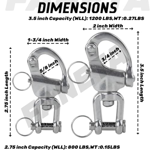 Faneta Stainless Steel 316 Swivel Eye Snap Shackle - Marine Grade Quick Release Jaw Swivel Sailboat Shackles - Marine Boat Sailing Rigging - for SCBA Mask & Spinnaker Halyard - Pack of 2 (2.75 inch) - Image 3