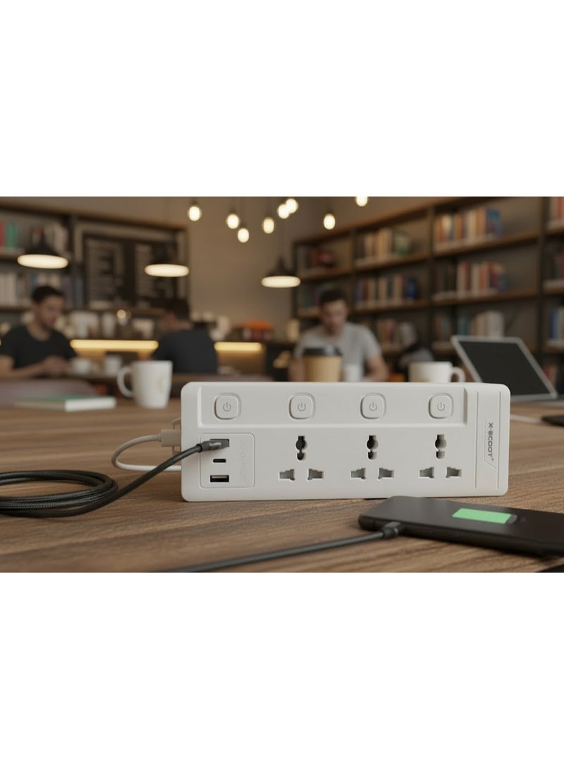 X-Scoot XS-516 Universal Power Strip with USB Charging and Individual Switch Control - White - Image 3