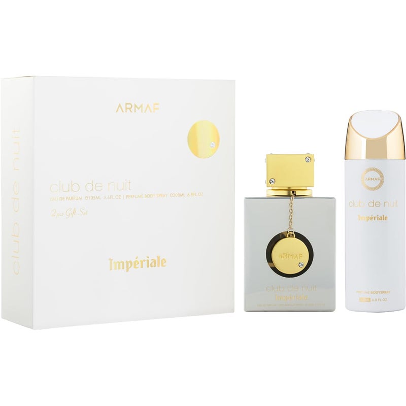 Armaf عطر أرمف كلوب دي نويت وايت إمبريال مجموعة هدايا من قطعتين للنساء، عطر أو دو بارفان 105 مل، رذاذ جسم معطر 200 مل، عطر يدوم طويلاً، رائحة زهرية فاكهية، مجموعة هدايا فاخرة - Image 1