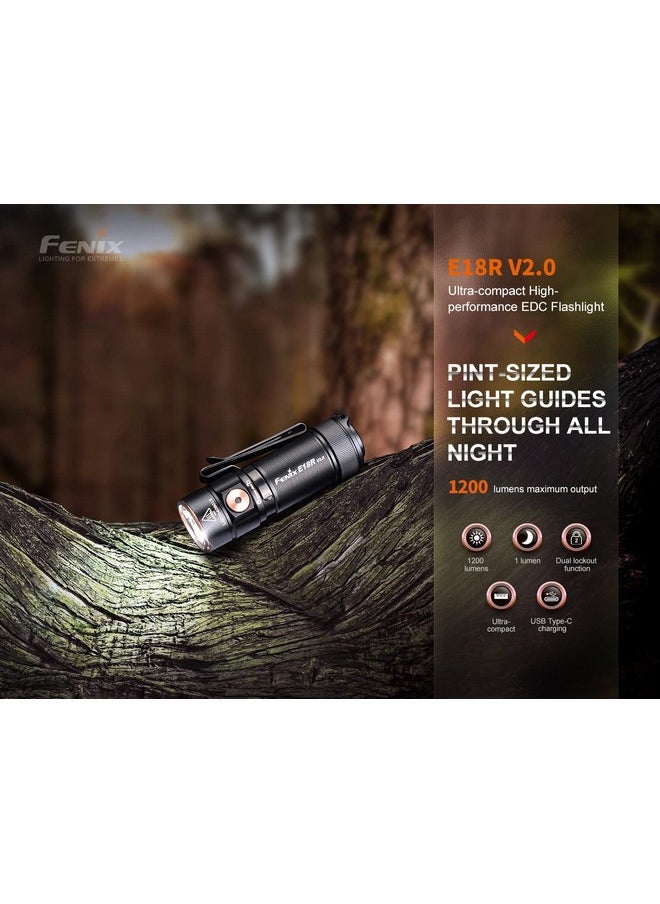 fenix Fenix E18R V2.0 EDC Flashlight, 1200 Lumens USB-C Rechargeable Ultra Compact Pocket Light with Lumentac Organizer (Black)  - Image 2