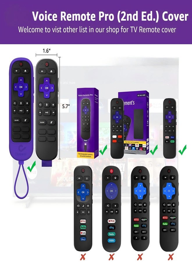 Climberer [2 Pack] Roku Voice Remote Pro (2nd Ed) Cover | Silicone Roku Rechargeable TV Remote Control Roku Remote Replacement #RCB1R Integrated Lanyard | (Black + Purple) - Image 2