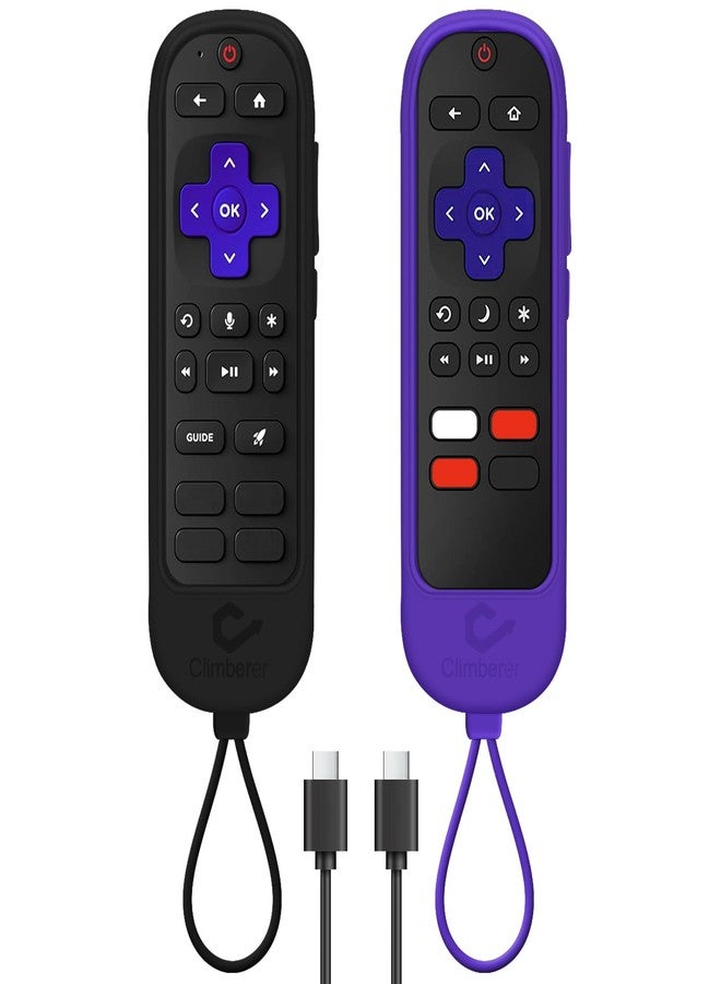 Climberer [2 Pack] Roku Voice Remote Pro (2nd Ed) Cover | Silicone Roku Rechargeable TV Remote Control Roku Remote Replacement #RCB1R Integrated Lanyard | (Black + Purple) - Image 1