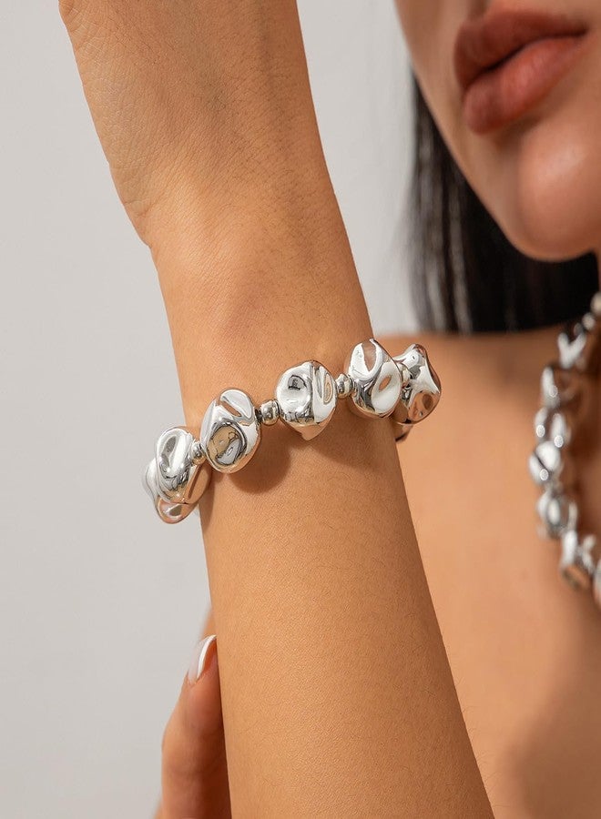 MIFYNN Gold Beaded Bracelet for Women Big Round Ball Beaded Elastic Bracelet Chunky Gold Bracelets Adjustable Stretch Strand Bracelets Fashion Dainty Jewelry Gift for Women (Silver6) - Image 3