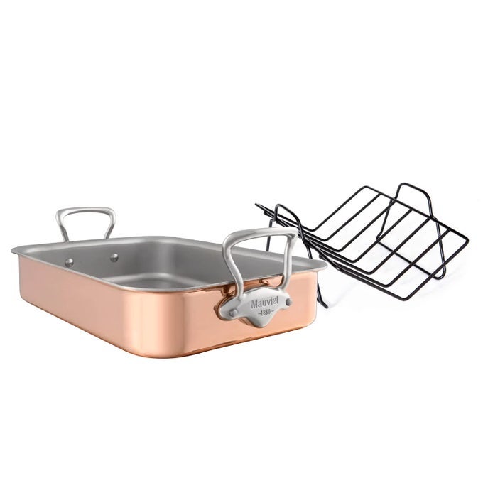 MHERITAGE 150 S 15MM POLISHED COPPER STAINLESS STEEL ROASTING PAN WITH RACK AND CAST STAINLESS STEEL HANDLES 157 X 118IN MADE IN FRANCE