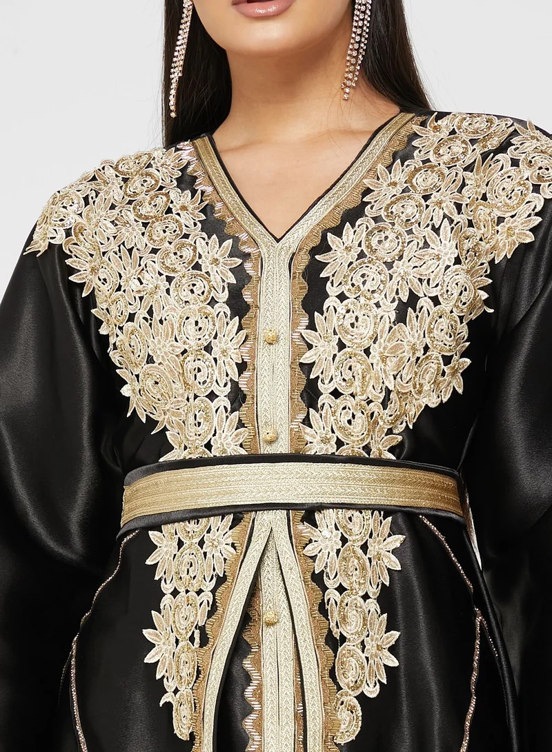 hayas closet Embellished V-Neck Belted Dress
