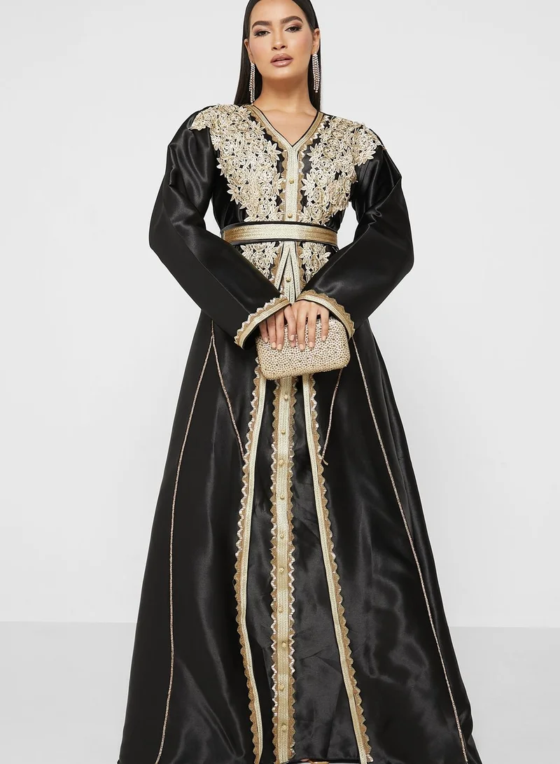 hayas closet Embellished V-Neck Belted Dress