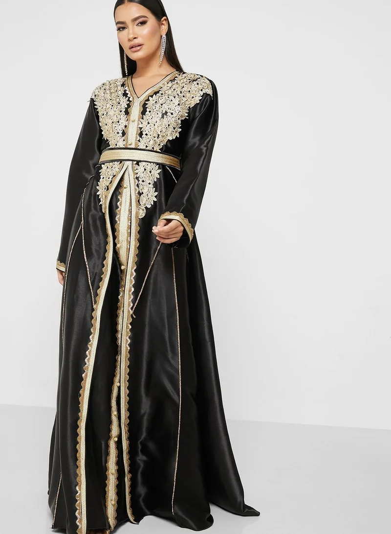 hayas closet Embellished V-Neck Belted Dress