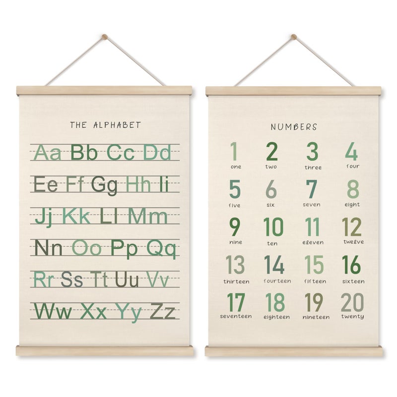 HRQKO Alphabet Numbers Poster Hanger Frame Set of 2 Nursery Wall Decor Boho ABC Poster Wall Art with Wooden Frames Sage Green Alphabet Banner Wall Hanging Decor for Toddler Playroom 16x24 inch - Image 2