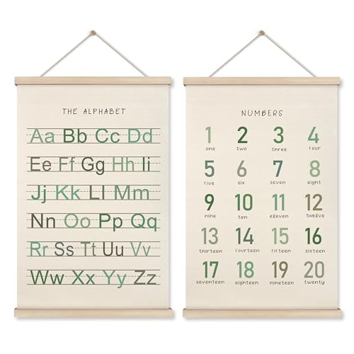 HRQKO Alphabet Numbers Poster Hanger Frame Set of 2 Nursery Wall Decor Boho ABC Poster Wall Art with Wooden Frames Sage Green Alphabet Banner Wall Hanging Decor for Toddler Playroom 16x24 inch - Image 1