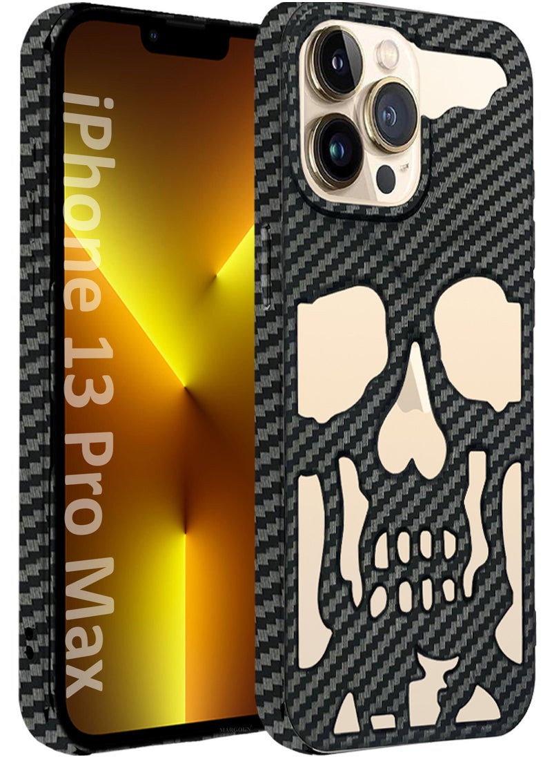CATANES iPhone 13 Pro Max Case Cover Soft TPU and Glossy with Skull Design - Carbon Fiber  - Image 1