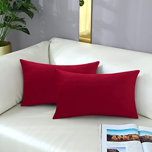 mixeoo Comfy Christmas Red Throw Pillow Covers Decorative Rectangle Solid Thick Velvet Super Soft Cushion Cases Home Decor for Sofa Couch Living Room Chair, Set of 2, 12 x 20 Inch - Image 1