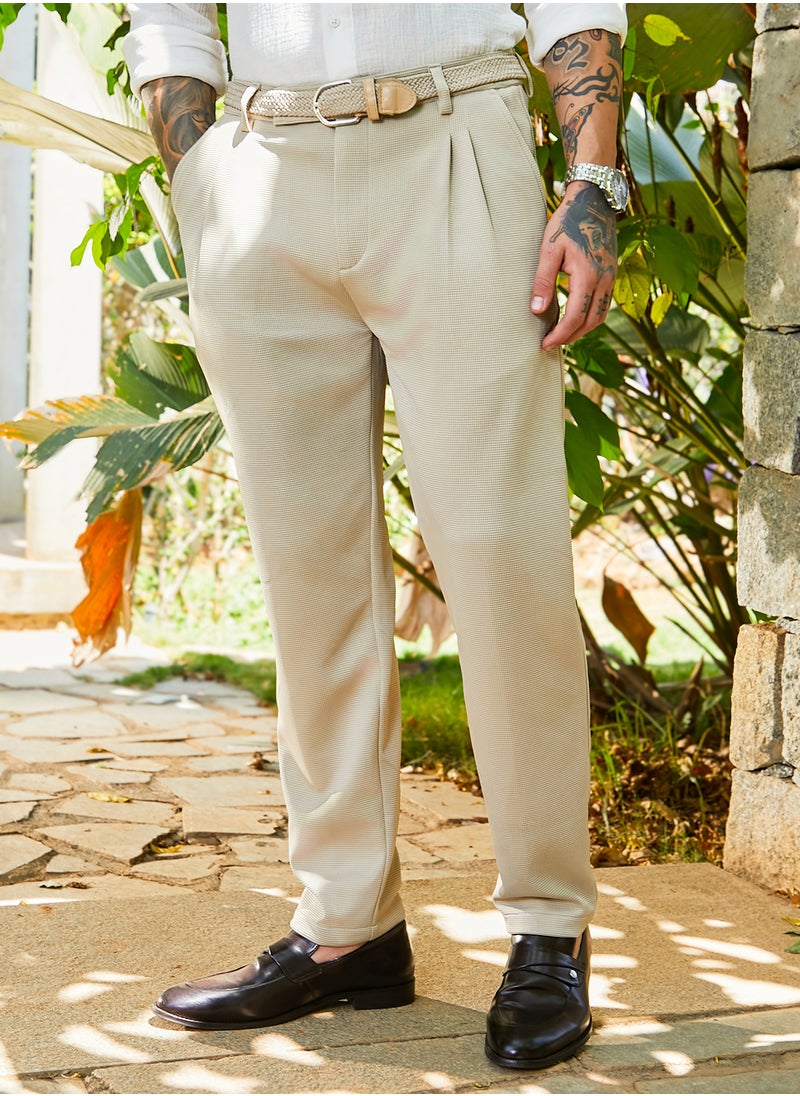 Campus Sutra Men's Saltbox Beige Micro-Waffle Chino Trousers  - Image 1