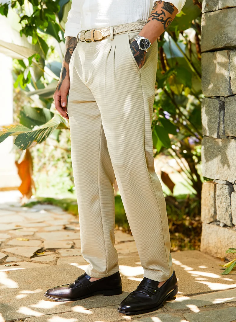 Campus Sutra Men's Saltbox Beige Micro-Waffle Chino Trousers