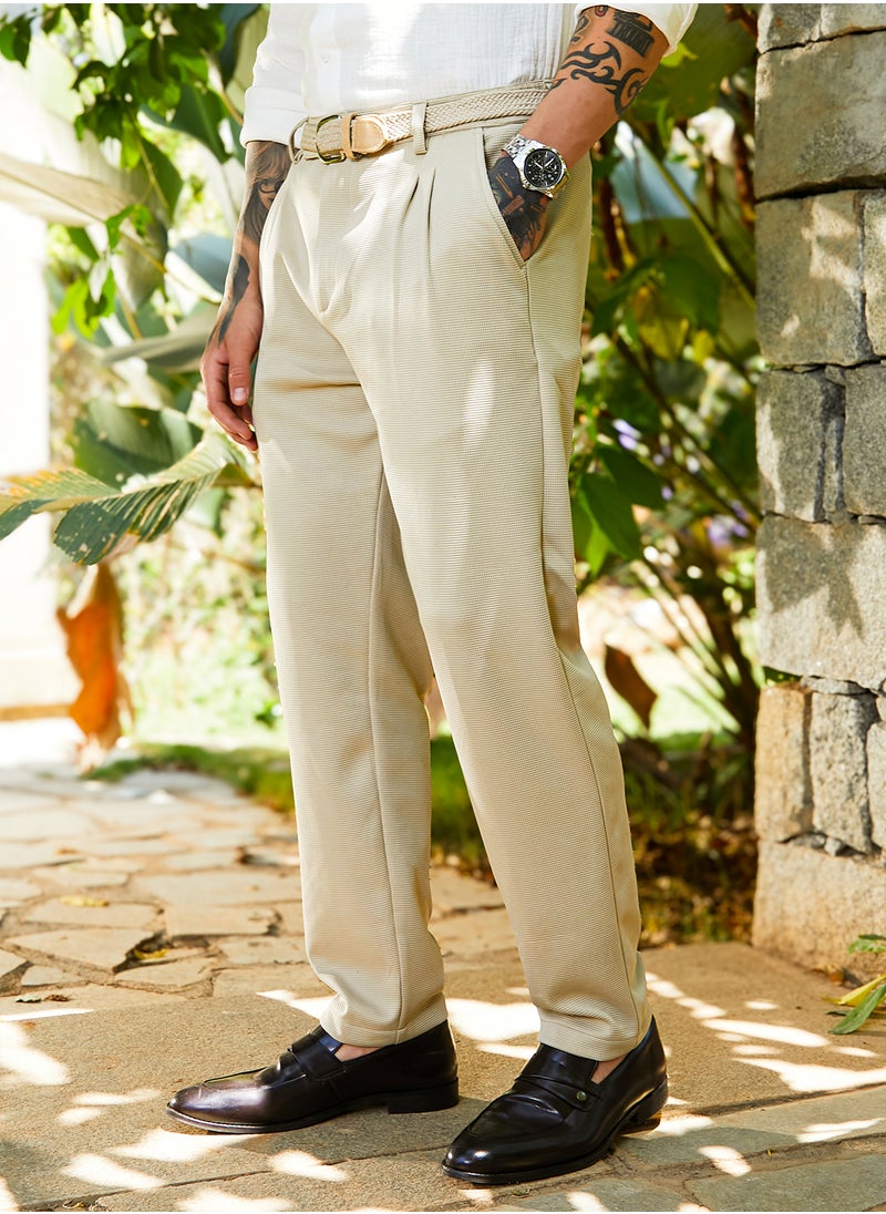 Campus Sutra Men's Saltbox Beige Micro-Waffle Chino Trousers  - Image 3