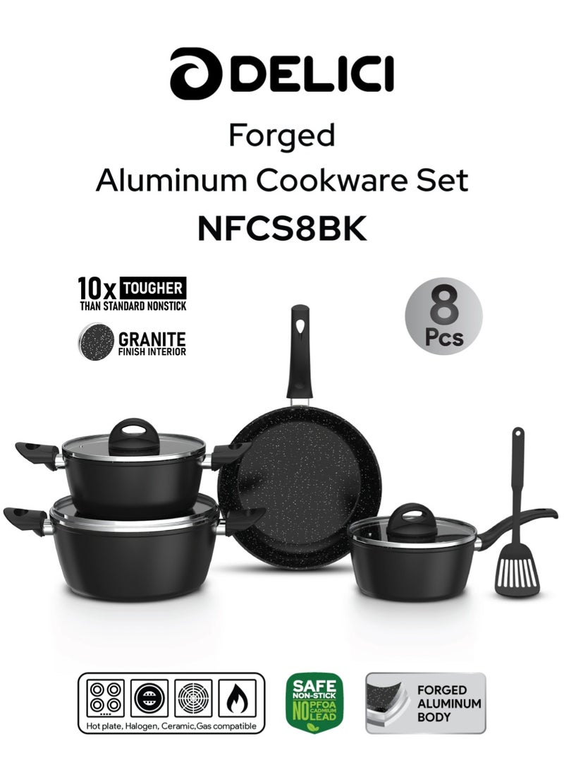 DELICI 8-Piece Nonstick Forged Cookware Set | Granite Finish Interior | Aluminium Pots & Pans with Tempered Glass Lids, Induction Base, Heat-Resistant Exterior & Bakelite Handles | Saucepan, Casserole, Frypan & Nylon Spatula | Black Color | NFCS8BK - Image 1