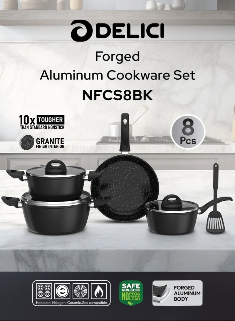DELICI 8-Piece Nonstick Forged Cookware Set | Granite Finish Interior | Aluminium Pots & Pans with Tempered Glass Lids, Induction Base, Heat-Resistant Exterior & Bakelite Handles | Saucepan, Casserole, Frypan & Nylon Spatula | Black Color | NFCS8BK - Image 2