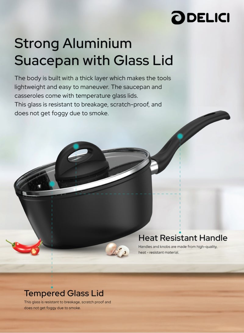 DELICI 8-Piece Nonstick Forged Cookware Set | Granite Finish Interior | Aluminium Pots & Pans with Tempered Glass Lids, Induction Base, Heat-Resistant Exterior & Bakelite Handles | Saucepan, Casserole, Frypan & Nylon Spatula | Black Color | NFCS8BK - Image 3