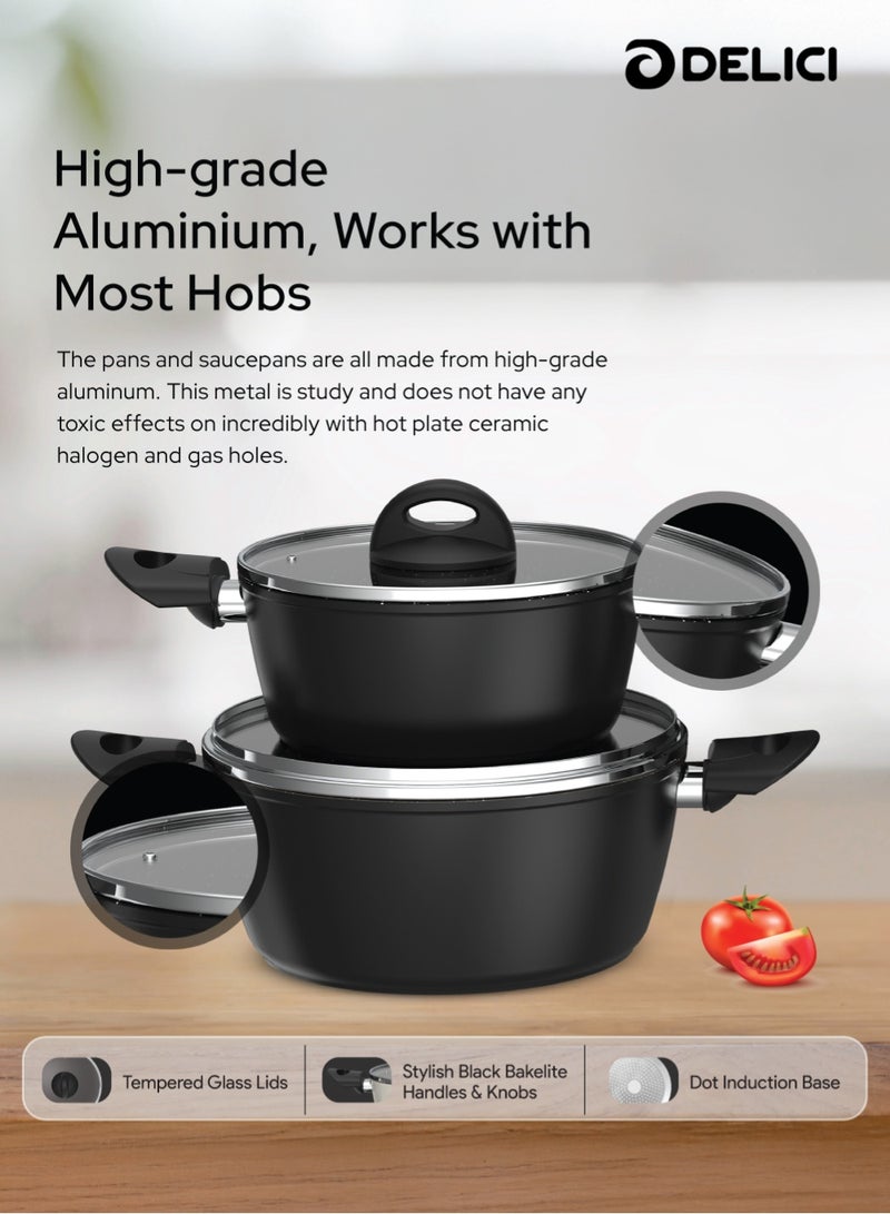 DELICI 8-Piece Nonstick Forged Cookware Set | Granite Finish Interior | Aluminium Pots & Pans with Tempered Glass Lids, Induction Base, Heat-Resistant Exterior & Bakelite Handles | Saucepan, Casserole, Frypan & Nylon Spatula | Black Color | NFCS8BK - Image 4