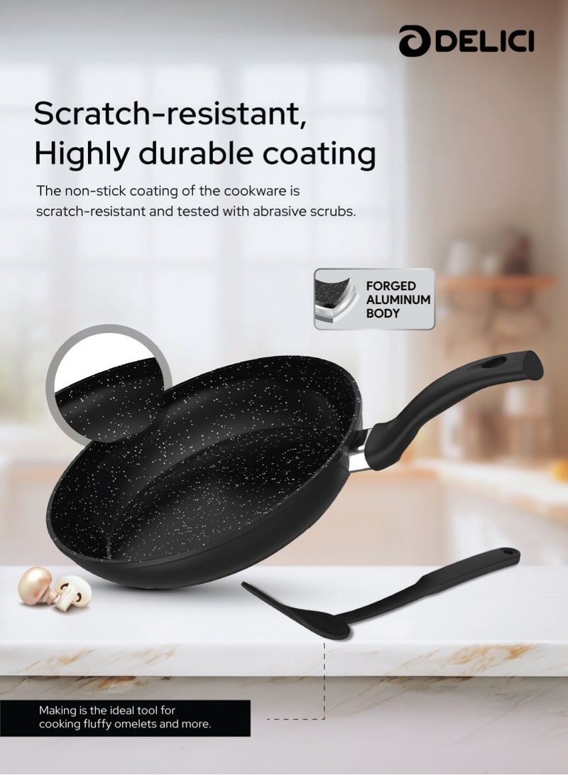 DELICI 8-Piece Nonstick Forged Cookware Set | Granite Finish Interior | Aluminium Pots & Pans with Tempered Glass Lids, Induction Base, Heat-Resistant Exterior & Bakelite Handles | Saucepan, Casserole, Frypan & Nylon Spatula | Black Color | NFCS8BK - Image 5