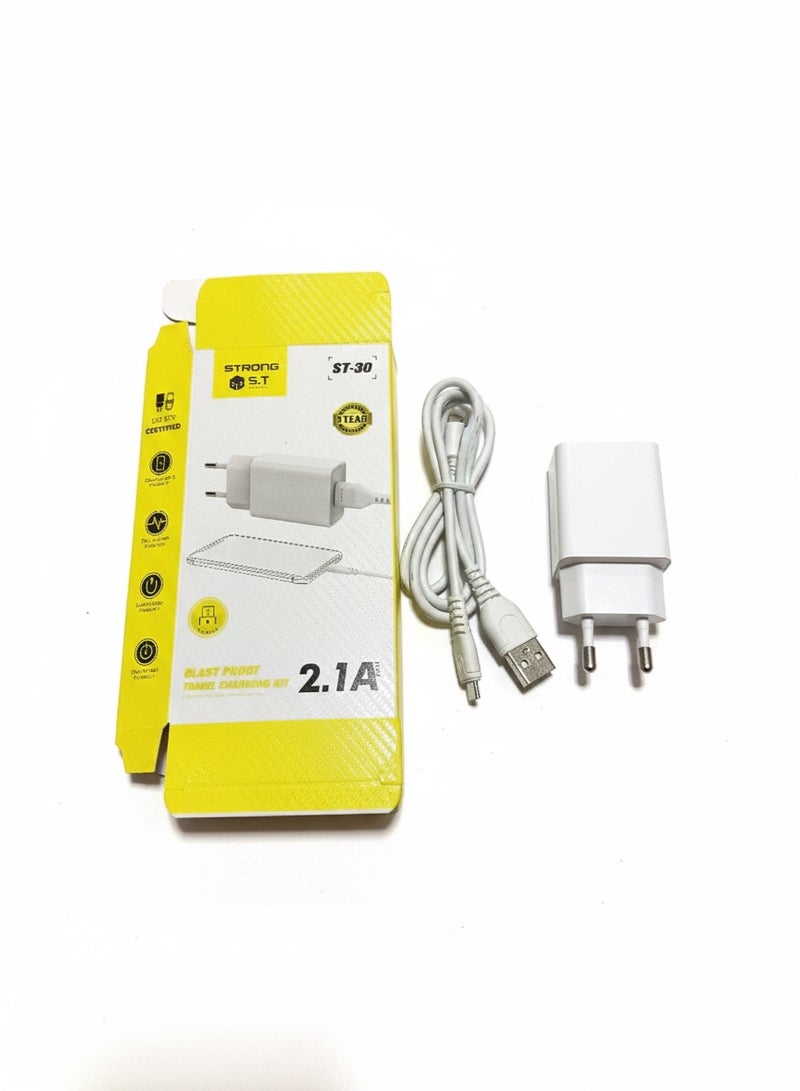 سترونج شاحن قوي مايكرو USB ٢٫١ امبير Strong ST-30 مع كابل مايكرو لموبايلات اندرويد القديمة شاحن وكابل اقتصادي