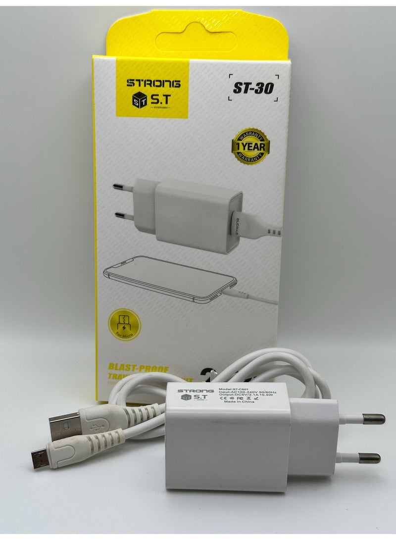 سترونج شاحن قوي مايكرو USB ٢٫١ امبير Strong ST-30 مع كابل مايكرو لموبايلات اندرويد القديمة شاحن وكابل اقتصادي - Image 1