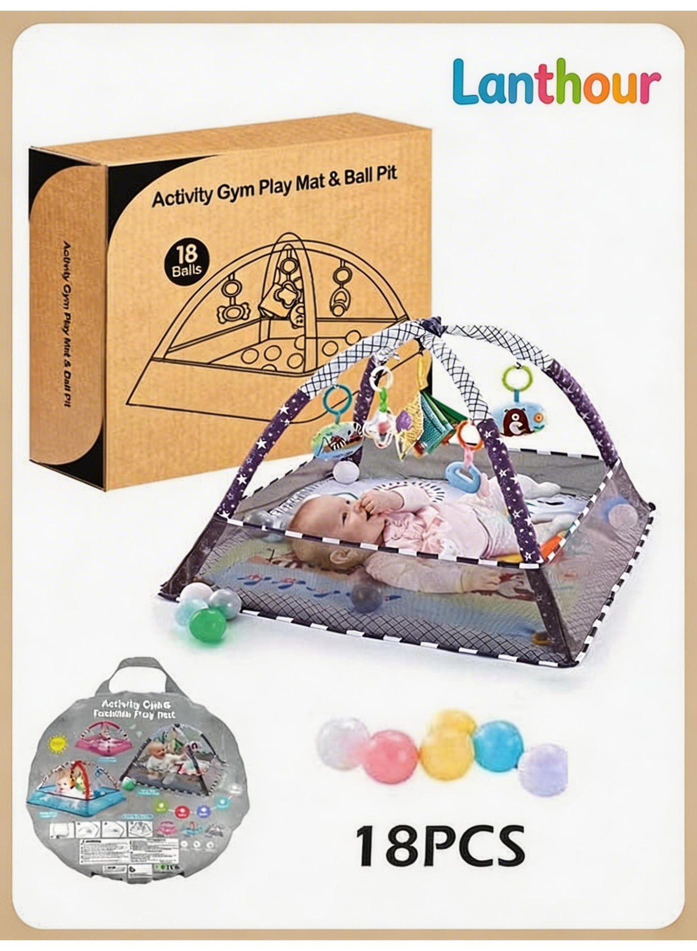 Baby Gym Play Mat, Tummy Time Play Mat with 5 Hanging Toys and 18 Ocean Balls for Sensory and Motor Skill Development, Non-Slip Washable Play Mat for Babies 0-36 Months