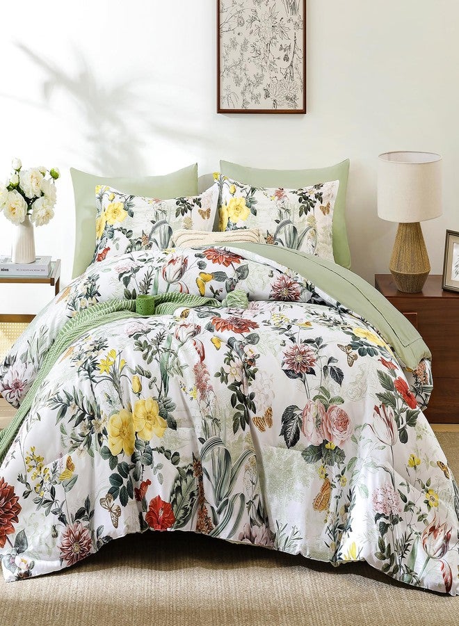 WONGS BEDDING طقم لحاف أخضر فاتح من وونغز بيدينغ، مقاس كينج، 7 قطع، طقم لحاف مزين بالزهور مناسب لجميع الفصول، طقم سرير متكامل مقاس كينج مزين بالزهور النباتية، يشمل اللحاف، الشراشف، أغطية الوسائد، وأغطية الوسائد المزخرفة. - Image 1