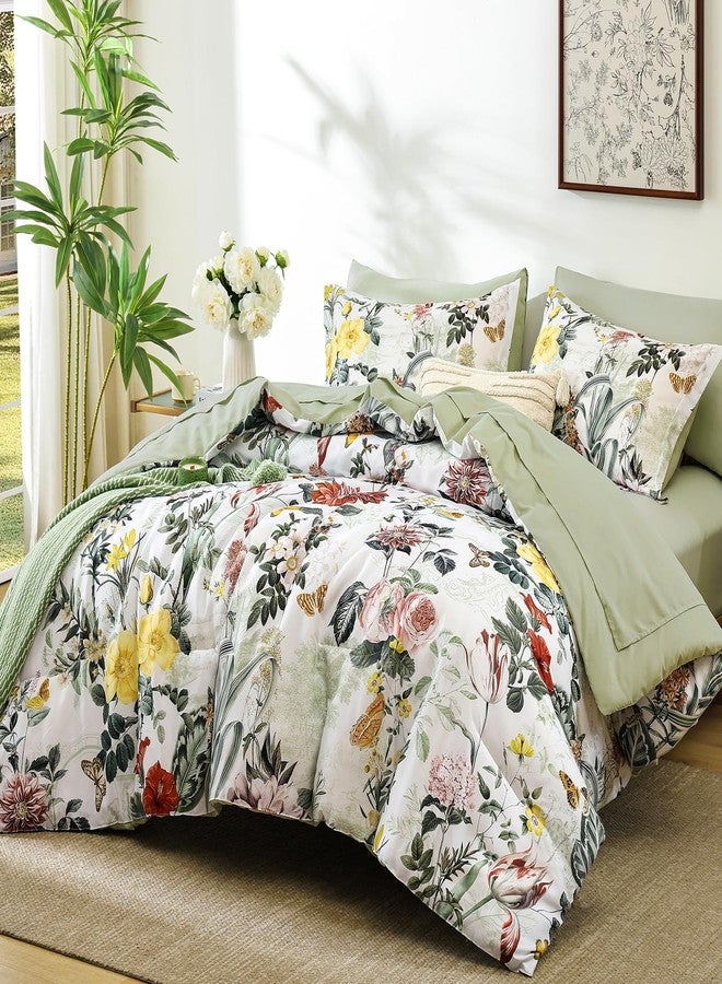 WONGS BEDDING طقم لحاف أخضر فاتح من وونغز بيدينغ، مقاس كينج، 7 قطع، طقم لحاف مزين بالزهور مناسب لجميع الفصول، طقم سرير متكامل مقاس كينج مزين بالزهور النباتية، يشمل اللحاف، الشراشف، أغطية الوسائد، وأغطية الوسائد المزخرفة. - Image 2