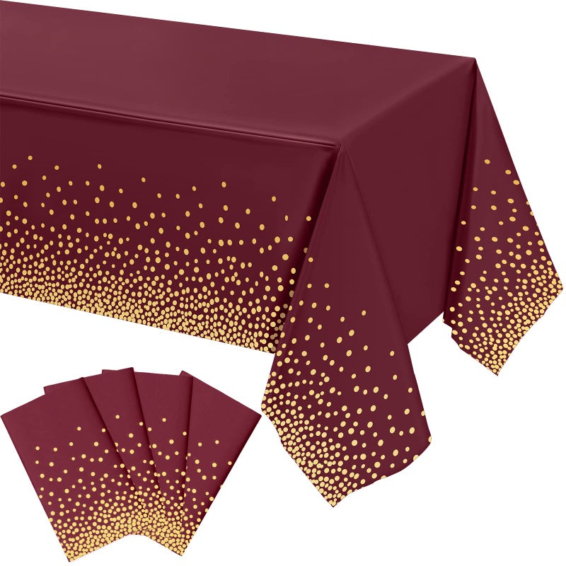 Tegeme 4 Packs Burgundy and Gold Plastic Table Cloths for Parties Disposable Maroon Ramadan Mubarak Tablecloths Decoration with Gold Stamping Dot 108 x 54'' for Birthday Graduation Ramadan Party - Image 1