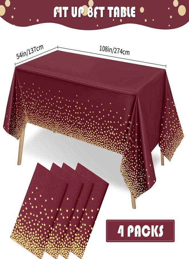 Tegeme 4 Packs Burgundy and Gold Plastic Table Cloths for Parties Disposable Maroon Ramadan Mubarak Tablecloths Decoration with Gold Stamping Dot 108 x 54'' for Birthday Graduation Ramadan Party - Image 2