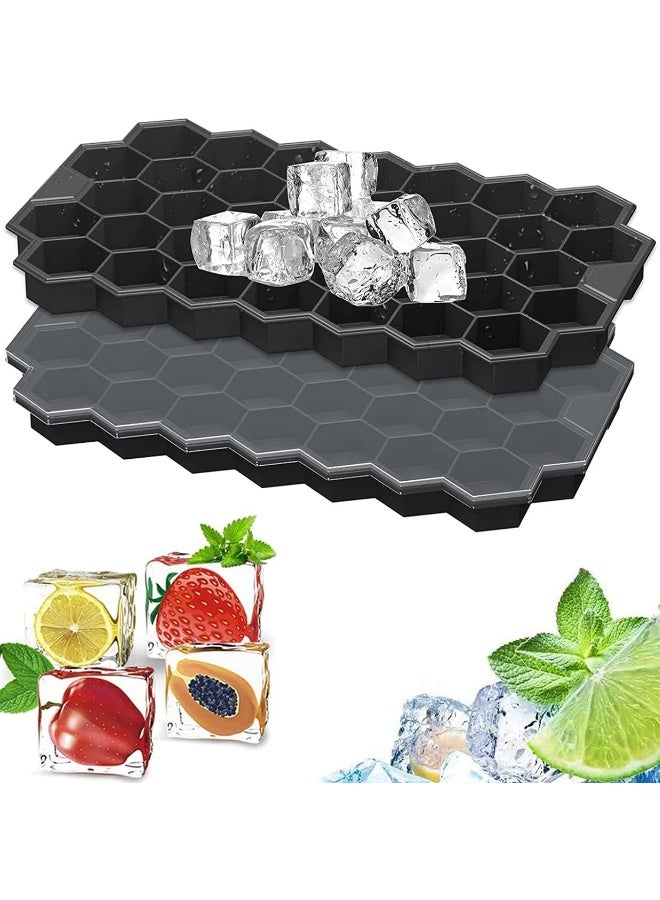 SHOWAY صواني الثلج السيليكون المرنة SHOWAY مع غطاء، 37 مكعب ثلج للمشروبات الباردة، الويسكي والكوكتيلات، صواني ثلج آمنة على شكل خلية نحل قابلة للتكديس (أسود) - Image 1