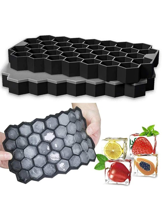 SHOWAY صواني الثلج السيليكون المرنة SHOWAY مع غطاء، 37 مكعب ثلج للمشروبات الباردة، الويسكي والكوكتيلات، صواني ثلج آمنة على شكل خلية نحل قابلة للتكديس (أسود) - Image 2