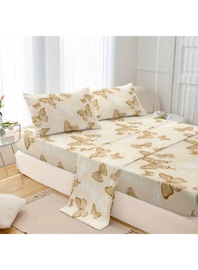 Light Yellow 4 Piece Butterfly Bedding Set Polyester Fitted Sheet Flat Sheet 2 Pillowcases - Image 4