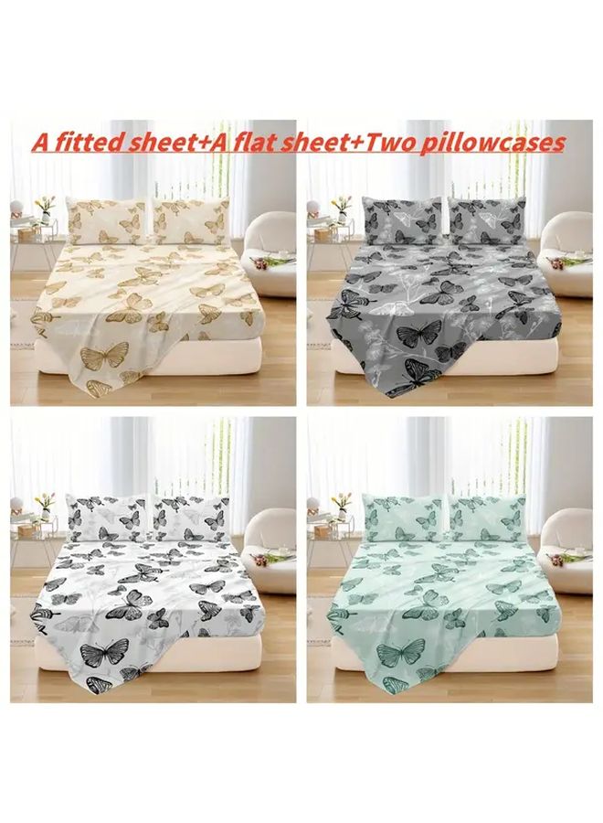 Light Yellow 4 Piece Butterfly Bedding Set Polyester Fitted Sheet Flat Sheet 2 Pillowcases - Image 1