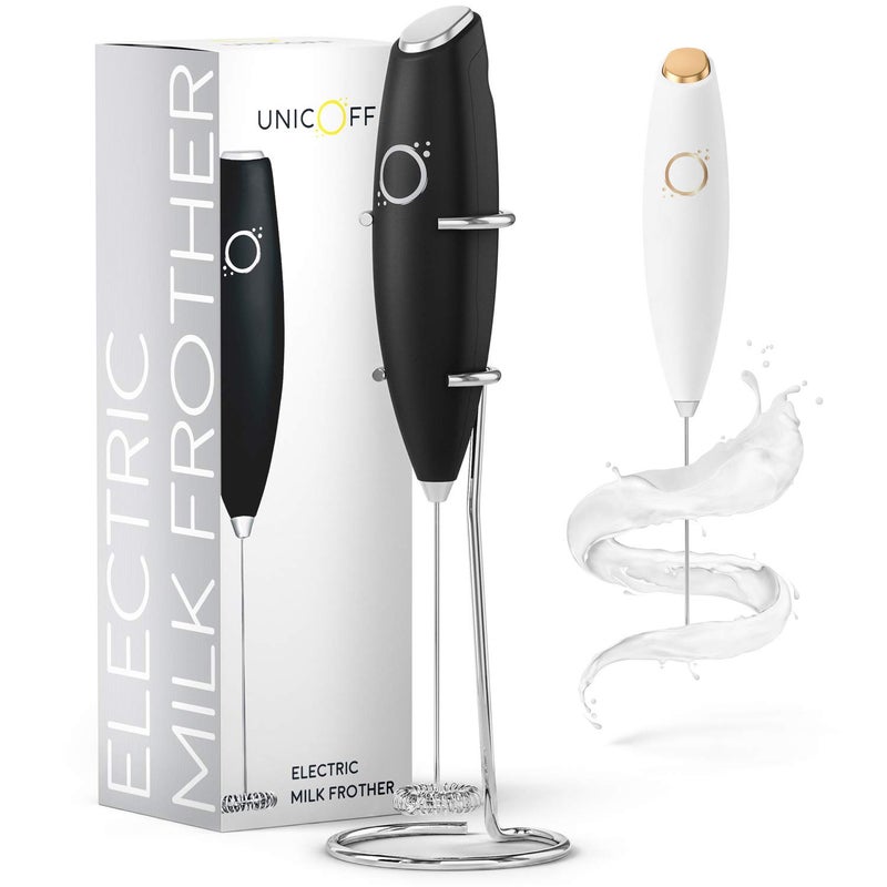 Unicoff Handheld Milk Frother for Coffee – Stainless Steel Coffee Frother Electric Drink Mixer & Matcha Whisk Frother Handheld – Ergonomic Hand Frother with Stand & Recipes – by Unicoff (Black)  - Image 1