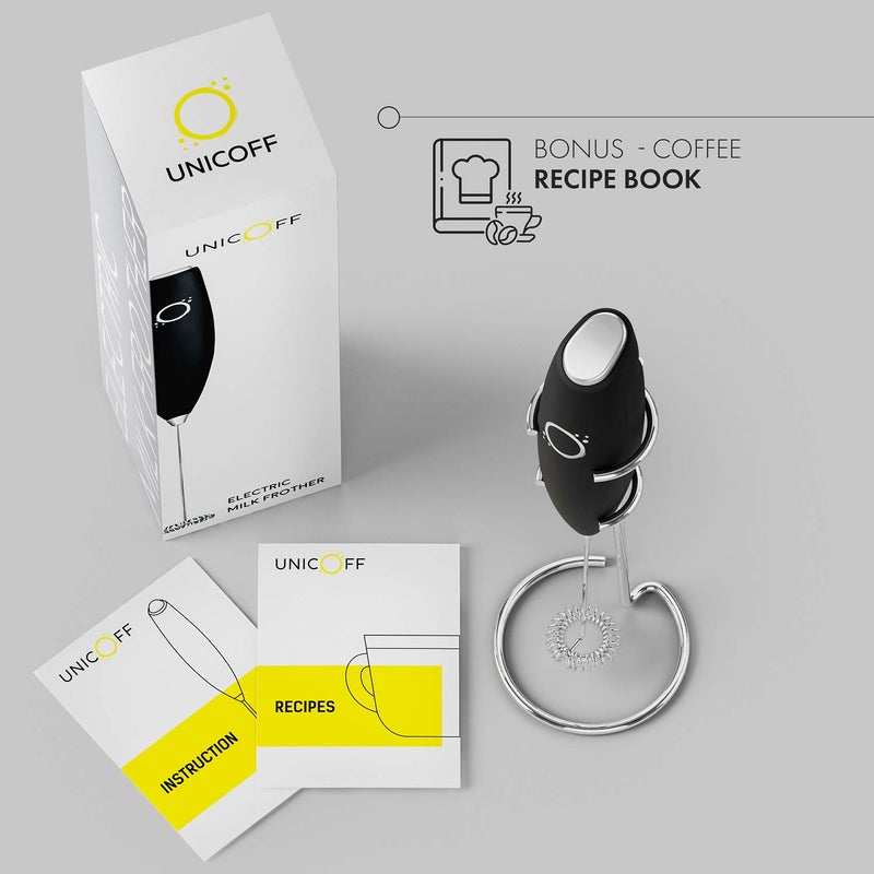 Unicoff Handheld Milk Frother for Coffee – Stainless Steel Coffee Frother Electric Drink Mixer & Matcha Whisk Frother Handheld – Ergonomic Hand Frother with Stand & Recipes – by Unicoff (Black)  - Image 5