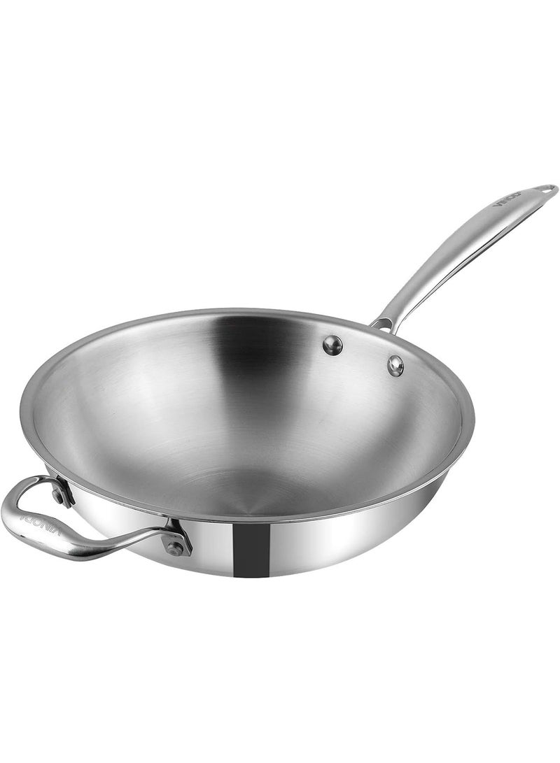 VINOD مقلاة من الفولاذ المقاوم للصدأ ثلاثي الطبقات بلاتينيوم - 3 لتر، 26 سم | مقبض مثبت | للقلقاس / المعكرونة / الكاري / الأرز المقلي | قاعدة تحريض | فضي - Image 1