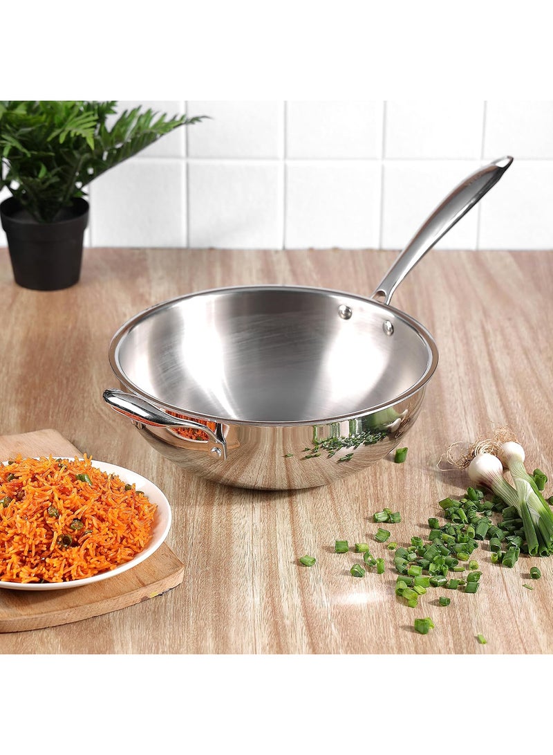VINOD مقلاة من الفولاذ المقاوم للصدأ ثلاثي الطبقات بلاتينيوم - 3 لتر، 26 سم | مقبض مثبت | للقلقاس / المعكرونة / الكاري / الأرز المقلي | قاعدة تحريض | فضي - Image 2