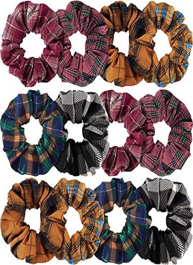 WILLBOND 12 Pieces Fall Scrunchies Plaid Hair Scrunchies Christmas Hair Tie Checkered Elastic Plaid Fabric Hair Bands Multi Colors Check Hair Ties For Girls Women Hair Accessories  - Image 1
