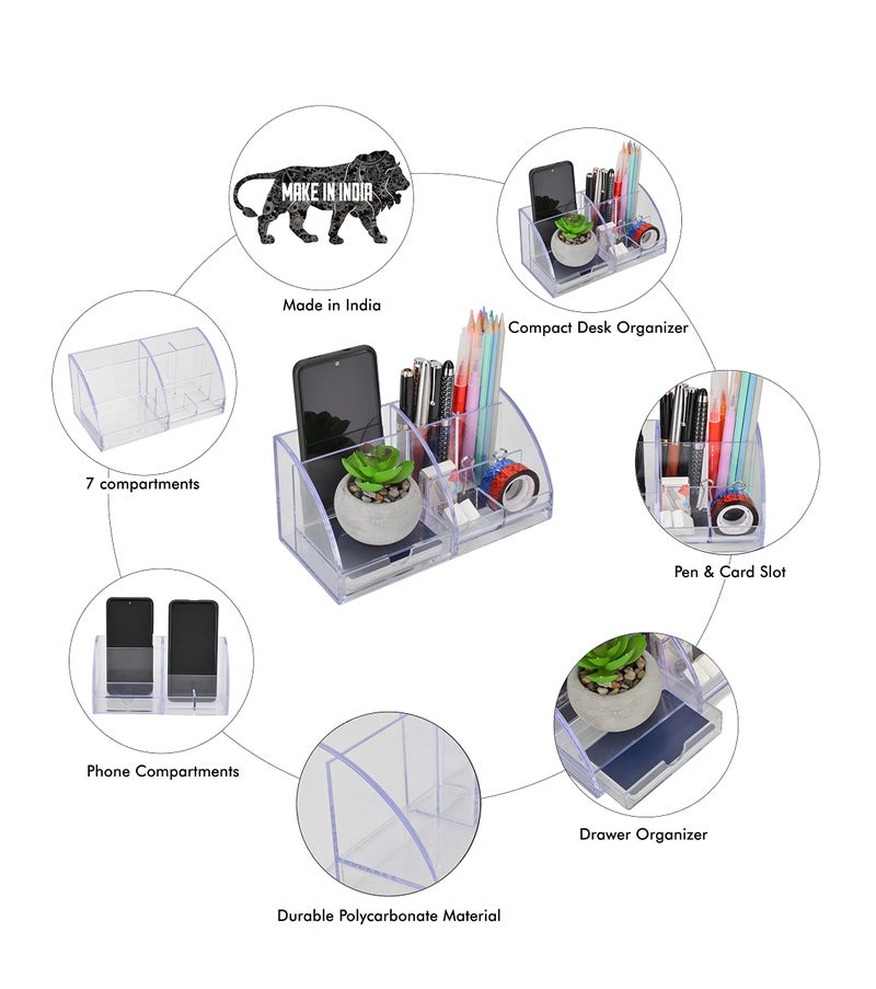 Udgamy Polycarbonate Desk Organiser, Clear, 7 Compartment Stationary Organizer (21 Cm X 95 Cm X 10 Cm) - Image 3