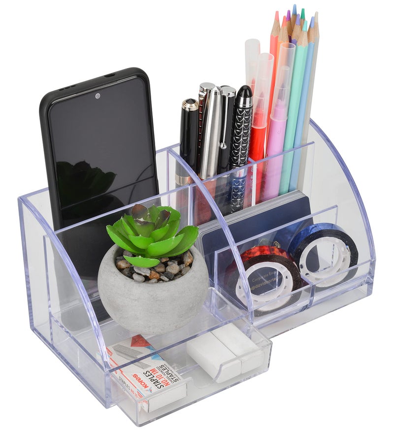 Udgamy Polycarbonate Desk Organiser, Clear, 7 Compartment Stationary Organizer (21 Cm X 95 Cm X 10 Cm) - Image 1
