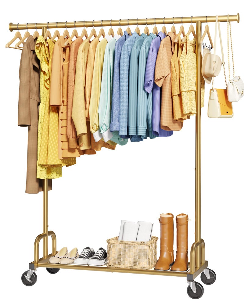 Sakugi Clothes Rack - Large-Capacity Clothing Racks for Hanging Clothes with Lockable Wheels, Space-Saving Metal Coat Rack for Bedroom, Laundry Room, Entryway, 45.6" x 16.9" x 59", Gold - Image 1