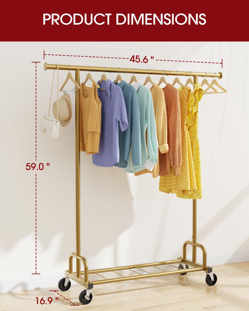Sakugi Clothes Rack - Large-Capacity Clothing Racks for Hanging Clothes with Lockable Wheels, Space-Saving Metal Coat Rack for Bedroom, Laundry Room, Entryway, 45.6" x 16.9" x 59", Gold - Image 2