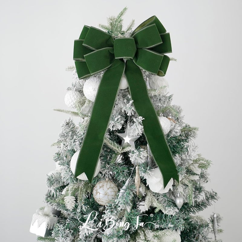 LiBongTa 13" Moss Green Bow Pre-Tied Bow for Christmas Tree, Green Velvet Ribbon Bows for Wreaths, Premade Tree Toppers Bows for Gift Wrapping, Party Favor, Christmas Home Indoor Outdoor Decor-1 Count - Image 5
