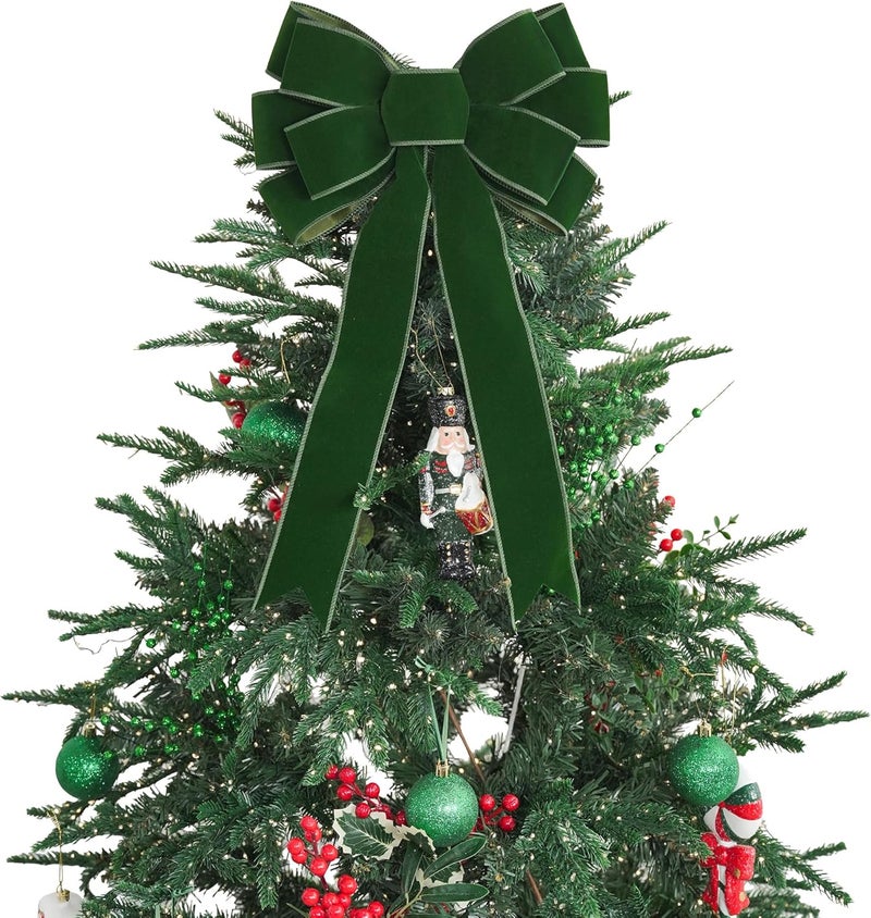LiBongTa 13" Moss Green Bow Pre-Tied Bow for Christmas Tree, Green Velvet Ribbon Bows for Wreaths, Premade Tree Toppers Bows for Gift Wrapping, Party Favor, Christmas Home Indoor Outdoor Decor-1 Count - Image 1